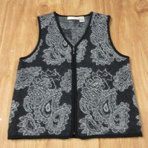 STUDIO WORKS Gray White Wool Vest Jacket Womens Sz M Floral Paisley Full Zip Up